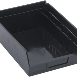 The black Economy Shelf Bin, made of polypropylene in the USA, measures 11-5/8W x 8-3/8D x 4H and features a sloped front for organizing small items. It includes a rear hanglock, seven divider slots for sorting, and a molded-in label holder.