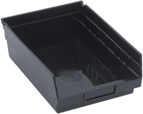 This Economy Shelf Bin, measuring 11-5/8W x 8-3/8D x 4H, is made of black polypropylene and includes seven divider slots for customization. It features a scooped front, side ridges for organizing, a rear hanglock, and a molded-in label holder. Made in the USA. Ideal for office or workshop use.