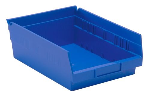 The blue Economy Shelf Bin, made in the USA from polypropylene, features an open front and measures 11-5/8W x 8-3/8D x 4H. Its rectangular shape with ribbed sides includes a rear hanglock, molded-in label holder, and seven divider slots for easy item organization.