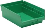 The Economy Shelf Bin, measuring 11-5/8W x 8-3/8D x 4H, is a green polypropylene storage solution with an open front and raised sides. It includes seven divider slots, a molded-in label holder, slightly angled sides for easy access, and rear hanglock for versatile mounting. Made in USA.