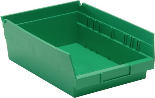 The Economy Shelf Bin, measuring 11-5/8W x 8-3/8D x 4H, is a green polypropylene storage solution with an open front and raised sides. It includes seven divider slots, a molded-in label holder, slightly angled sides for easy access, and rear hanglock for versatile mounting. Made in USA.