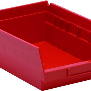 The Economy Shelf Bin, made in the USA from polypropylene, measures 11-5/8W x 8-3/8D x 4H. It offers an open front for easy access, straight sides, a slightly tapered front, seven divider slots, rear hang lock, and molded-in label holder for efficient organization of small items.