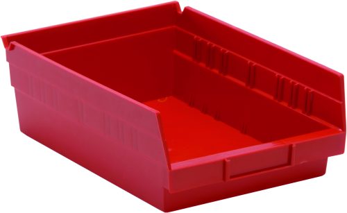 The Economy Shelf Bin, made in the USA from polypropylene, measures 11-5/8W x 8-3/8D x 4H. It offers an open front for easy access, straight sides, a slightly tapered front, seven divider slots, rear hang lock, and molded-in label holder for efficient organization of small items.
