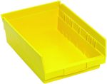 A yellow polypropylene Economy Shelf Bin, 11-5/8W x 8-3/8D x 4H, has a slanted front opening, (7) divider slots, side ridges, a molded-in label holder, and front handle for easy access. The rear hanglock secures placement. Made in USA.