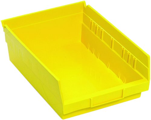A yellow polypropylene Economy Shelf Bin, 11-5/8W x 8-3/8D x 4H, has a slanted front opening, (7) divider slots, side ridges, a molded-in label holder, and front handle for easy access. The rear hanglock secures placement. Made in USA.