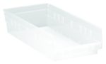 A clear polypropylene Economy Shelf Bin, 17-7/8W x 8-3/8D x 4H, with nested design, raised edges, a flat base, seven divider slots, rear hanglock, and molded-in label holder. Made in USA.