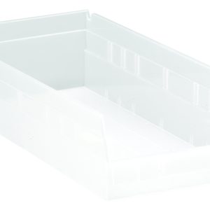 A clear polypropylene Economy Shelf Bin, 17-7/8W x 8-3/8D x 4H, with nested design, raised edges, a flat base, seven divider slots, rear hanglock, and molded-in label holder. Made in USA.