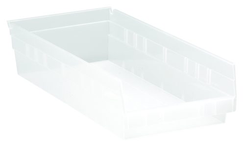 QSB108CL.jpg A clear polypropylene Economy Shelf Bin, 17-7/8W x 8-3/8D x 4H, with nested design, raised edges, a flat base, seven divider slots, rear hanglock, and molded-in label holder. Made in USA.