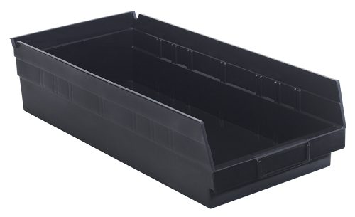 A black Economy Shelf Bin, made of polypropylene, measures 17-7/8W x 8-3/8D x 4H. It features a rear hanglock for easy grip and transport, seven divider slots, and a molded-in label holder. The nesting bin is empty and set against a white background. Made in the USA.