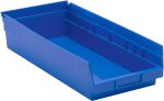 The blue polypropylene Economy Shelf Bin, made in the USA, measures 17-7/8W x 8-3/8D x 4H. It features an open front, rear hanglock, molded-in label holder, and includes seven divider slots for organization. The smooth interior helps organize items efficiently while exterior ridges ensure easy handling.