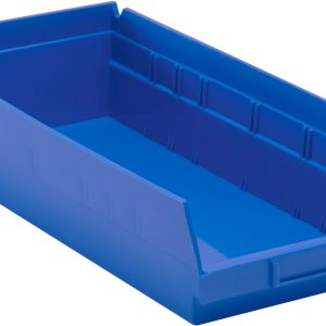 The blue polypropylene Economy Shelf Bin, made in the USA, measures 17-7/8W x 8-3/8D x 4H. It features an open front, rear hanglock, molded-in label holder, and includes seven divider slots for organization. The smooth interior helps organize items efficiently while exterior ridges ensure easy handling.