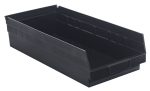 The Economy Shelf Bin is a black, rectangular storage container made of recycled polypropylene. It features a smooth, slightly tapered design with molded-in label holders and an open top. Size: 17-7/8W x 8-3/8D x 4H, with seven divider slots and a rear hanglock. Made in the USA.