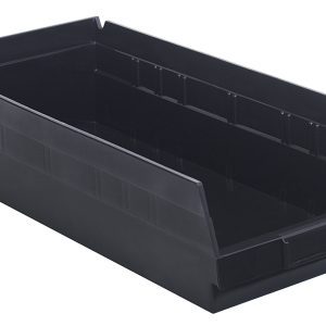 The Economy Shelf Bin is a black, rectangular storage container made of recycled polypropylene. It features a smooth, slightly tapered design with molded-in label holders and an open top. Size: 17-7/8W x 8-3/8D x 4H, with seven divider slots and a rear hanglock. Made in the USA.