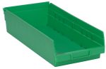 The Economy Shelf Bin is a green polypropylene storage solution with dimensions 17-7/8W X 8-3/8D X 4H. It has an open top, rear hanglock for secure placement, grooved sides for stacking, a slightly angled front edge for easy access, and a molded-in label holder. Made in the USA.