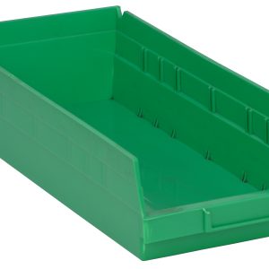 The Economy Shelf Bin is a green polypropylene storage solution with dimensions 17-7/8W X 8-3/8D X 4H. It has an open top, rear hanglock for secure placement, grooved sides for stacking, a slightly angled front edge for easy access, and a molded-in label holder. Made in the USA.