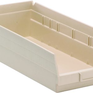 The ivory Economy Shelf Bin, measuring 17-7/8W x 8-3/8D x 4H, features a ribbed interior for strength, slanted front, straight sides, seven divider slots, rear hanglock, molded label holder, and a front handle for easy access. Made in the USA from polypropylene.