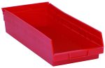 The Economy Shelf Bin, made in the USA from red polypropylene, measures 17-7/8W x 8-3/8D x 4H and includes seven divider slots, a rear hanglock, and a molded-in label holder for easy organization. Its glossy finish and front handle make it convenient for accessing small items.