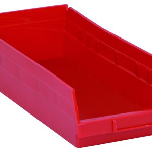 The Economy Shelf Bin, made in the USA from red polypropylene, measures 17-7/8W x 8-3/8D x 4H and includes seven divider slots, a rear hanglock, and a molded-in label holder for easy organization. Its glossy finish and front handle make it convenient for accessing small items.