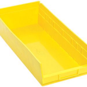 The Economy Shelf Bin is a bright yellow polypropylene storage solution measuring 17-7/8W x 8-3/8D x 4H. It features an open top, molded-in label holder, small handle, ribbed sides for support, and seven divider slots for enhanced utility. Made in the USA with a rear hanglock for easy organization.