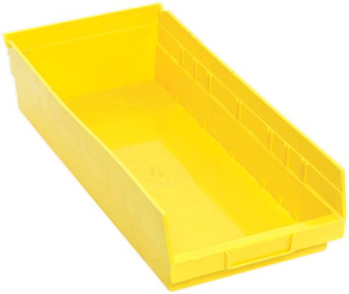 The Economy Shelf Bin is a bright yellow polypropylene storage solution measuring 17-7/8W x 8-3/8D x 4H. It features an open top, molded-in label holder, small handle, ribbed sides for support, and seven divider slots for enhanced utility. Made in the USA with a rear hanglock for easy organization.