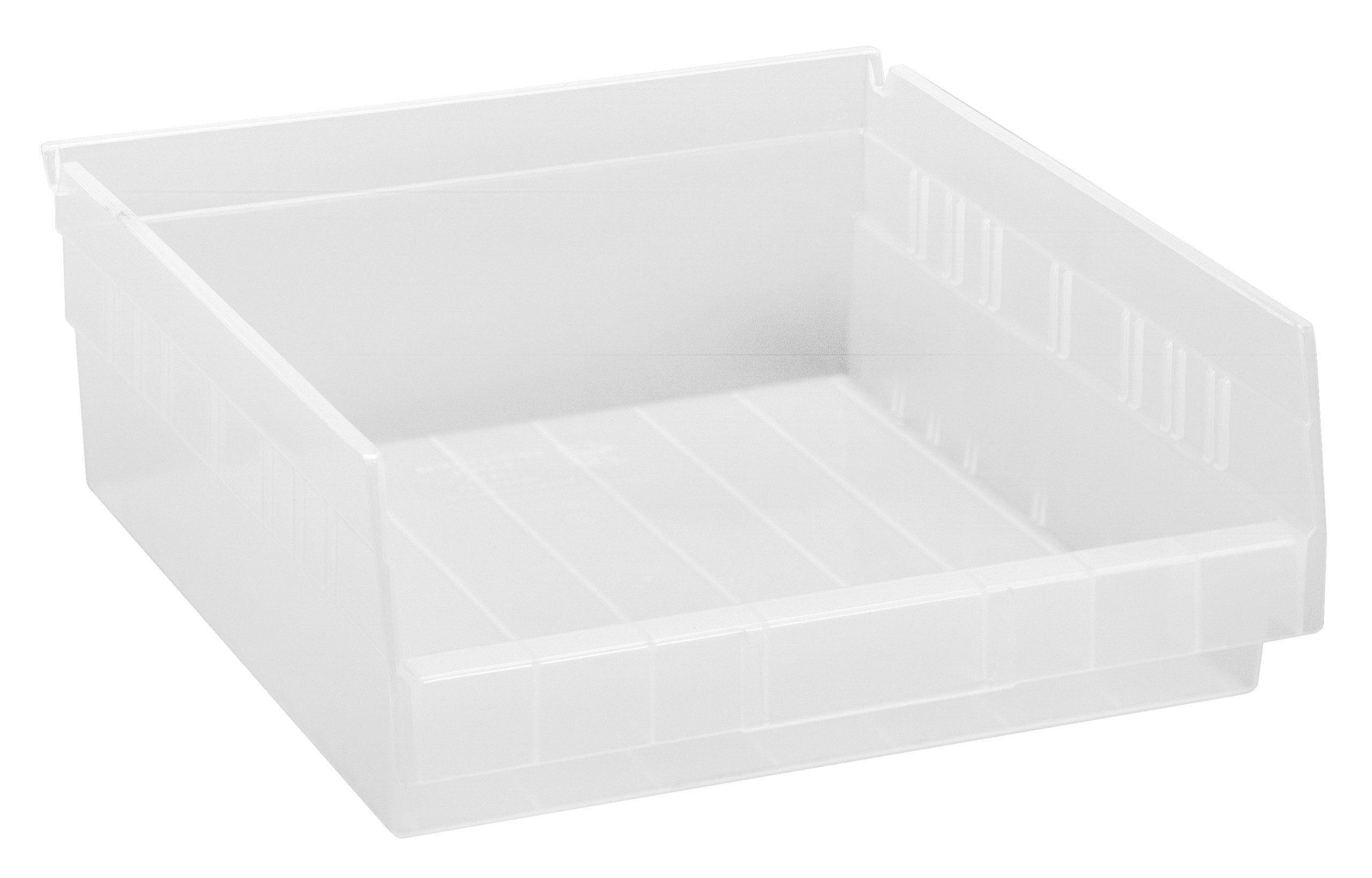 Economy Shelf Bin, Nesting, 11-5/8"W X 11-1/8"D X 4"H, (7) Divider Slots, Rear Hanglock, Molded-In Label Holder, Clear Polyropylene, Made In USA
