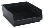 The Economy Shelf Bin is a black, open-top polypropylene storage solution with sloped sides, made in the USA. It features rear hanglock for secure stacking, a molded-in label holder, and seven interior divider slots for organizing small items efficiently. Dimensions: 11-5/8W x 11-1/8D x 4H.