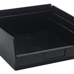 The Economy Shelf Bin is a black, open-top polypropylene storage solution with sloped sides, made in the USA. It features rear hanglock for secure stacking, a molded-in label holder, and seven interior divider slots for organizing small items efficiently. Dimensions: 11-5/8W x 11-1/8D x 4H.