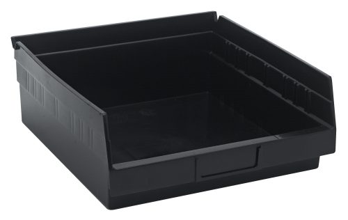QSB109 BK The Economy Shelf Bin is a black, open-top polypropylene storage solution with sloped sides, made in the USA. It features rear hanglock for secure stacking, a molded-in label holder, and seven interior divider slots for organizing small items efficiently. Dimensions: 11-5/8W x 11-1/8D x 4H.