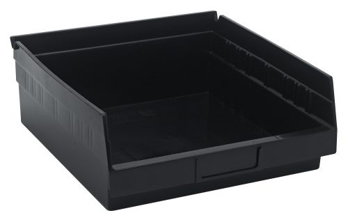 A black Economy Shelf Bin, 11-5/8W x 11-1/8D x 4H, made of polypropylene with an open front for organizing items. It includes (7) divider slots, a molded-in label holder for easy access, and features ridged sides for stacking support. Made in the USA.