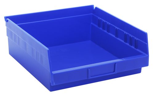 QSB109 BL A blue polypropylene Economy Shelf Bin, 11-5/8W x 11-1/8D x 4H, features ridged sides, (7) divider slots, an open front, a rear hanglock, and a molded-in label holder—perfect for organizing items. Made in the USA.