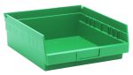The green Economy Shelf Bin, crafted from durable polypropylene, measures 11-5/8W x 11-1/8D x 4H and features (7) divider slots, a slanted open front with a small handle, rear hanglock, molded-in label holder for optimal organization. Made in the USA.