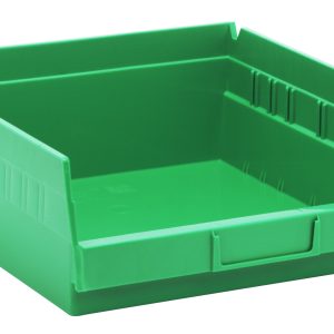 The green Economy Shelf Bin, crafted from durable polypropylene, measures 11-5/8W x 11-1/8D x 4H and features (7) divider slots, a slanted open front with a small handle, rear hanglock, molded-in label holder for optimal organization. Made in the USA.