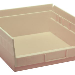 An ivory polypropylene Economy Shelf Bin, 11-5/8W x 11-1/8D x 4H, features an open front with slightly elevated sides and a molded-in label holder. It includes seven divider slots, a rear hanglock, and a small handle for easy access. Made in the USA.