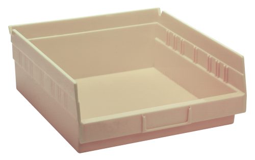An ivory polypropylene Economy Shelf Bin, 11-5/8W x 11-1/8D x 4H, features an open front with slightly elevated sides and a molded-in label holder. It includes seven divider slots, a rear hanglock, and a small handle for easy access. Made in the USA.