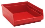 A red Economy Shelf Bin made in the USA, measuring 11-5/8”W x 11-1/8”D x 4”H, features an open-top with a slanted front opening, raised sides, stackability, molded-in label holder, and includes seven divider slots for organization.