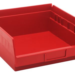A red Economy Shelf Bin made in the USA, measuring 11-5/8”W x 11-1/8”D x 4”H, features an open-top with a slanted front opening, raised sides, stackability, molded-in label holder, and includes seven divider slots for organization.
