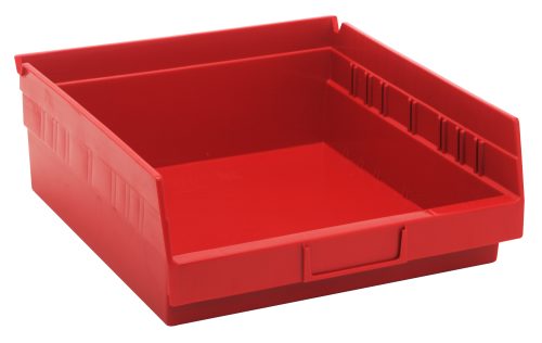 A red Economy Shelf Bin made in the USA, measuring 11-5/8”W x 11-1/8”D x 4”H, features an open-top with a slanted front opening, raised sides, stackability, molded-in label holder, and includes seven divider slots for organization.