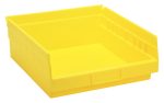 The bright yellow Economy Shelf Bin, measuring 11-5/8W x 11-1/8D x 4H, is made of durable polypropylene. It features a rear hanglock, molded-in label holder, seven divider slots for organization, and a simple design. Made in the USA.