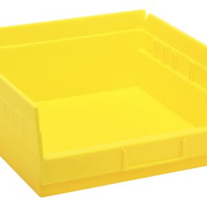 The bright yellow Economy Shelf Bin, measuring 11-5/8W x 11-1/8D x 4H, is made of durable polypropylene. It features a rear hanglock, molded-in label holder, seven divider slots for organization, and a simple design. Made in the USA.