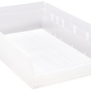 The Economy Shelf Bin, made of clear polypropylene and measuring 17-7/8W x 11-1/8D x 4H, features (7) divider slots, a rear hanglock for stacking, slightly raised sides, an open top, molded-in label holder and sits on a white grooved surface. Made in USA.