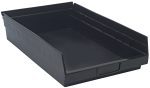 The Economy Shelf Bin, measuring 17-7/8W x 11-1/8D x 4H, is black and rectangular with a slightly raised back. It features an open front for easy access, slight side texturing for conductivity, seven divider slots, rear hanglock, and a molded-in label holder. Made in the USA from polypropylene.