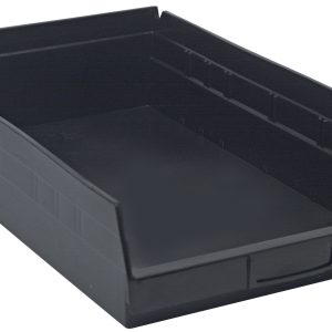 The Economy Shelf Bin, measuring 17-7/8W x 11-1/8D x 4H, is black and rectangular with a slightly raised back. It features an open front for easy access, slight side texturing for conductivity, seven divider slots, rear hanglock, and a molded-in label holder. Made in the USA from polypropylene.