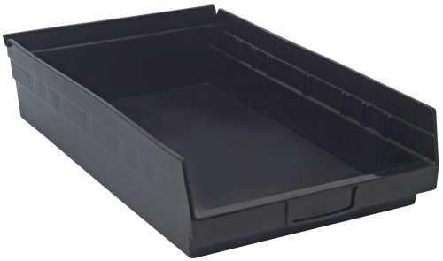 The Economy Shelf Bin, measuring 17-7/8W x 11-1/8D x 4H, is black and rectangular with a slightly raised back. It features an open front for easy access, slight side texturing for conductivity, seven divider slots, rear hanglock, and a molded-in label holder. Made in the USA from polypropylene.