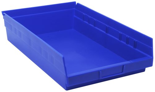 The Economy Shelf Bin, measuring 17-7/8W x 11-1/8D x 4H, is blue, made of polypropylene, and includes a molded-in label holder and rear hanglock. It features (7) divider slots and is rectangular with slightly raised sides for easy handling. Made in the USA.