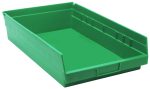 The Economy Shelf Bin is a green polypropylene storage solution, measuring 17-7/8W X 11-1/8D X 4H. It features seven divider slots, a rear hanglock, and a molded-in label holder for organization. Made in the USA.
