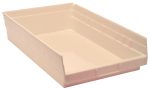 The Economy Shelf Bin is a 17-7/8W x 11-1/8D x 4H ivory polypropylene storage unit with rear hanglock, molded-in label holder, and slightly sloped sides. It features (7) divider slots for organization and is made in the USA.