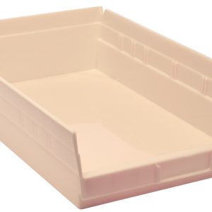 The Economy Shelf Bin is a 17-7/8W x 11-1/8D x 4H ivory polypropylene storage unit with rear hanglock, molded-in label holder, and slightly sloped sides. It features (7) divider slots for organization and is made in the USA.