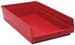 The red Economy Shelf Bin, made from polypropylene in the USA, measures 17-7/8W x 11-1/8D x 4H. It features a molded-in label holder, seven divider slots, and a rear hanglock for organizing items efficiently.