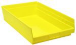 A yellow polypropylene Economy Shelf Bin with rear hanglock and molded-in label holder, measures 17-7/8W x 11-1/8D x 4H. It features an open front, raised sides, smooth interior, and seven divider slots for organizing items. Made in the USA.