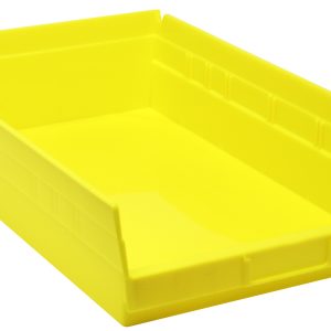 A yellow polypropylene Economy Shelf Bin with rear hanglock and molded-in label holder, measures 17-7/8W x 11-1/8D x 4H. It features an open front, raised sides, smooth interior, and seven divider slots for organizing items. Made in the USA.